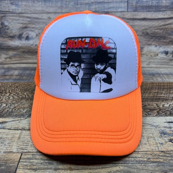 Run DMC Mens Trucker Hat Neon Orange 90s Hip Hop Rap Retro Baseball Cap - Picture 2 of 8